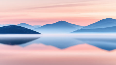 Serene mountain landscape reflected in calm waters at sunrise, AIの素材