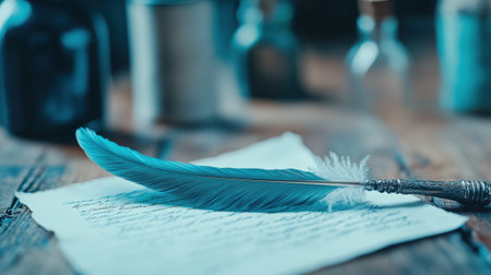 Quill pen resting on handwritten letter evokes a sense of nostalgia and creativity, AIの素材