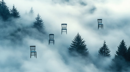 Chairs floating above a misty forest create a surreal and dreamlike scene, AIの素材