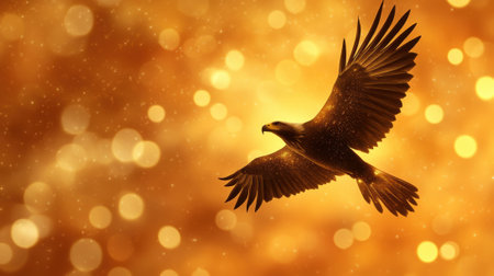 Majestic eagle soaring through a golden, sparkling sky, AIの素材