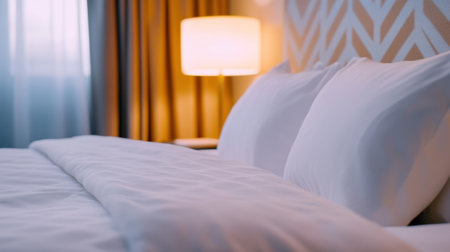 Cozy hotel room with soft lighting and plush bedding invites relaxation, AIの素材