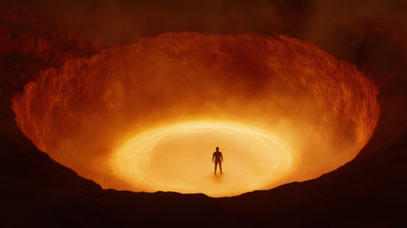A lone figure stands at the edge of a fiery crater, engulfed in intense orange and red hues, AIの素材