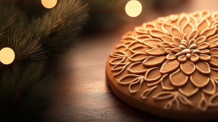 Intricate gingerbread cookie with floral icing design beside festive pine branches, AIの素材
