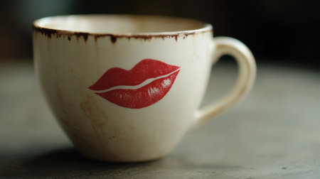 Lipstick-stained coffee cup on a rustic table, AIの素材