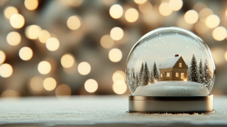 Snow globe with a cozy cabin and pine trees, set against a bokeh background, AIの素材
