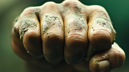 A close-up of a clenched fist covered in dirt, symbolizing strength and resilience, AIの素材