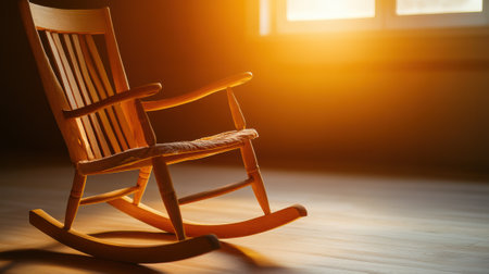 Sunlit wooden rocking chair casting shadows on a warm wooden floor, AIの素材