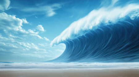 Towering ocean wave crashes under a bright blue sky, capturing natures raw power, AIの素材