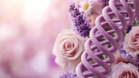 DNA helix intertwined with delicate pink roses and lavender blooms, AIの素材