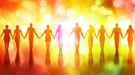 Silhouettes of diverse people holding hands against a vibrant, colorful background, AIの素材