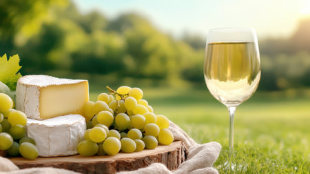 Cheese and grapes with a glass of white wine in a sunny outdoor setting, AIの素材