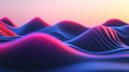 Vibrant abstract waves in a surreal landscape at sunset, AIの素材