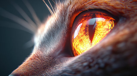 Fiery feline eye close-up with intense orange hues and intricate details, AIの素材