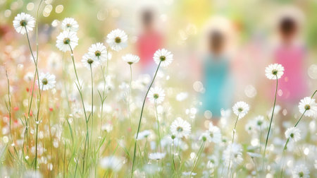 Daisies in a sunlit meadow with blurred figures in the background, AIの素材