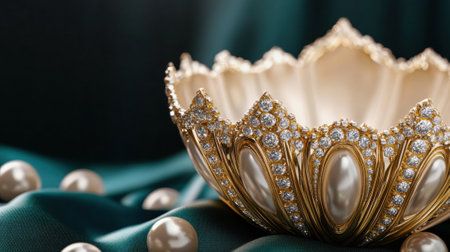 Ornate gold and pearl bowl surrounded by scattered pearls on emerald fabric, AIの素材