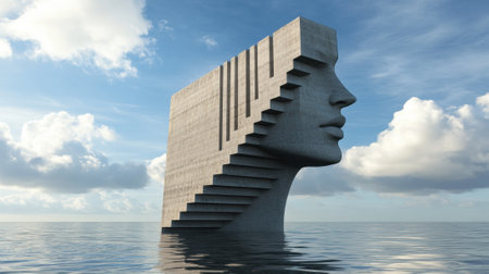 Surreal concrete sculpture of a face with stairs emerges from the ocean, AIの素材