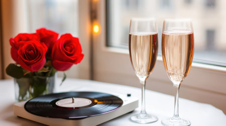 Romantic setting with roses, champagne, and a vinyl record player by the window, AIの素材