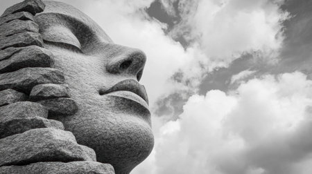 Stone face sculpture against a cloudy sky, evoking a sense of tranquility and timelessness, AIの素材