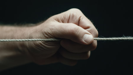 A hand gripping a taut rope against a dark background, symbolizing strength and tension, AIの素材