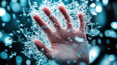 Hand reaching through shattered glass, capturing a moment of dynamic tension, AIの素材