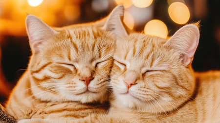 Two ginger cats snuggle together, eyes closed, against a backdrop of warm bokeh lights, AIの素材