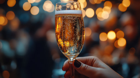 A hand holding a glass of sparkling champagne against a backdrop of warm bokeh lights, AIの素材