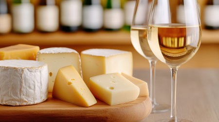 Cheese platter with wine glasses in a cozy setting, AIの素材