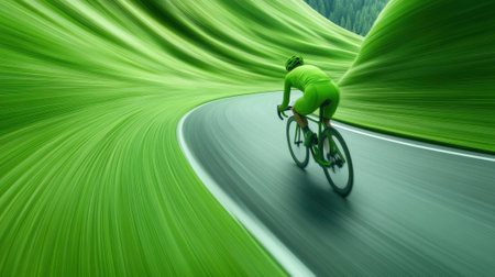 Cyclist in vibrant green landscape rides through a surreal, winding road, AIの素材