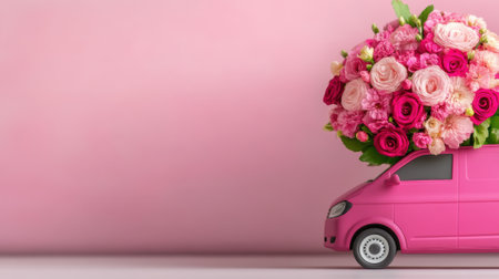 Pink van with a large bouquet of roses and carnations against a pink background, AIの素材
