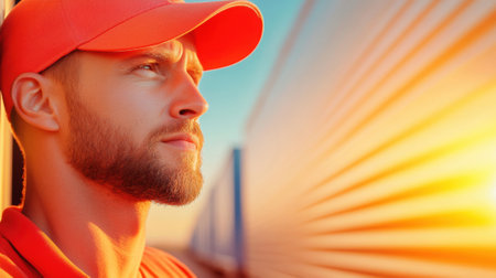 Man in orange cap gazes thoughtfully at sunset, with warm light reflecting on a wall, AIの素材