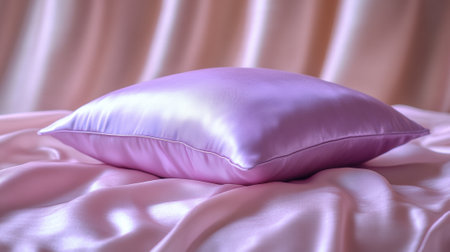 Luxurious pink satin pillow on matching silky fabric background, AIの素材
