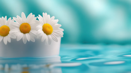 Daisies floating gently on serene turquoise water create a calming visual, AIの素材