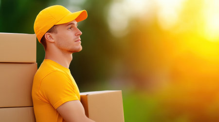 Delivery worker in yellow uniform leans on stacked boxes, gazing into the sunset, AIの素材