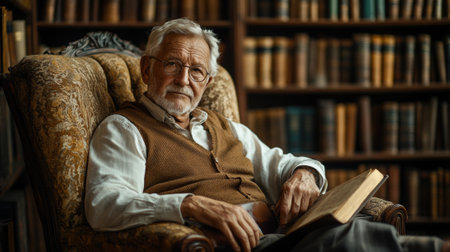 Elderly man reading in a cozy library, surrounded by vintage books, AIの素材