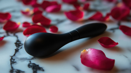Elegant black massage tool surrounded by red rose petals on a marble surface, AIの素材