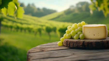 Cheese and grapes on a rustic table with vineyard backdrop, AIの素材