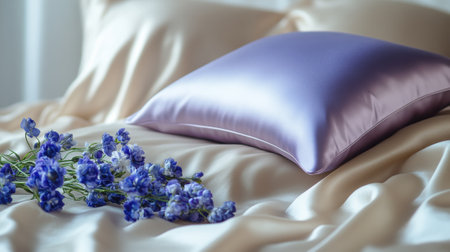 Luxurious satin pillow with lavender flowers on a silky bedspread, AIの素材