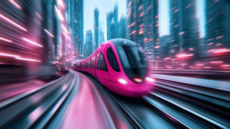 Futuristic pink train speeds through a vibrant cityscape, creating a dynamic blur, AIの素材
