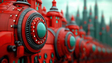 Futuristic red machines line up against a blurred cityscape background, AIの素材