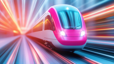 Futuristic high-speed train zooms through a vibrant, illuminated tunnel, AIの素材