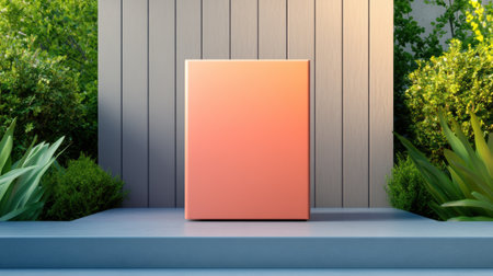 A vibrant orange canvas stands against a modern backdrop in a lush garden setting, AIの素材