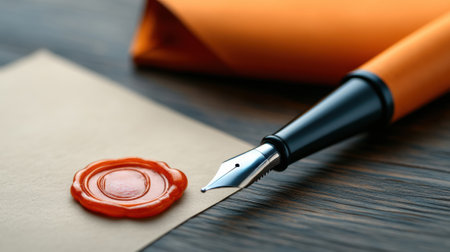 Elegant fountain pen beside a sealed envelope on a wooden desk, AIの素材