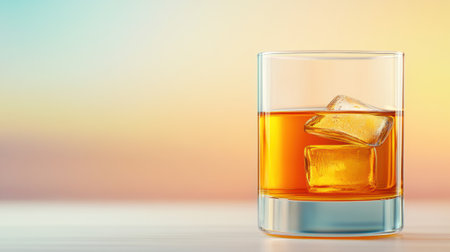 A glass of whiskey with ice cubes against a gradient background, AIの素材
