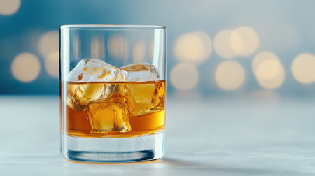 Whiskey glass with ice cubes against a blurred bokeh background, AIの素材