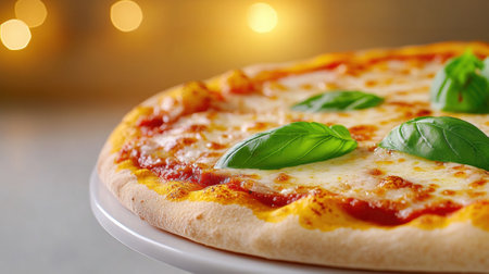 Classic Margherita pizza topped with fresh basil leaves on a white plate, AIの素材