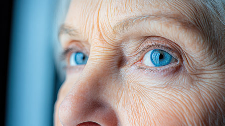 Close-up of elderly womans blue eyes, highlighting wisdom and experience, AIの素材