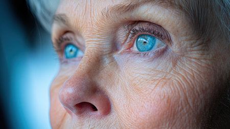Close-up of elderly womans blue eyes reflecting wisdom and experience, AIの素材