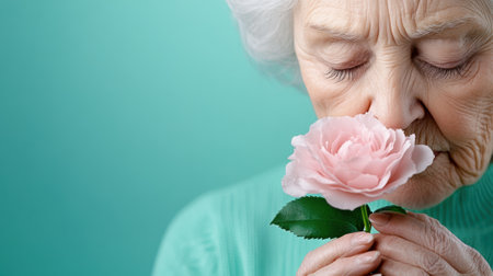 Elderly woman enjoying the scent of a pink flower against a teal background, AIの素材
