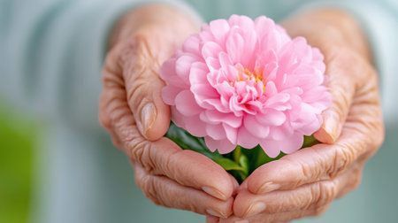 Elderly hands gently cradle a delicate pink flower, symbolizing care and tenderness, AIの素材