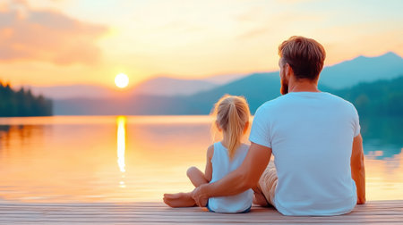 Father and daughter enjoy a serene sunset by the lake, creating a heartwarming moment, AIの素材